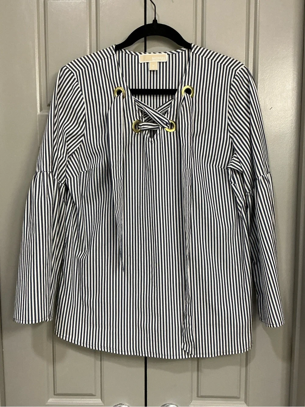 Michael Kors Blue White Stripe Lace-Up Bell Sleeve Blouse Size Medium